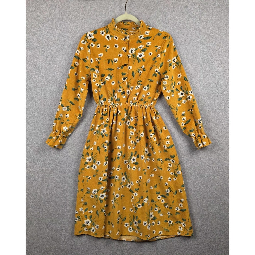 CRFS Dress Womens One Size Yellow Floral‎ Corduroy Fit Flare Mock Neck Midi Boho